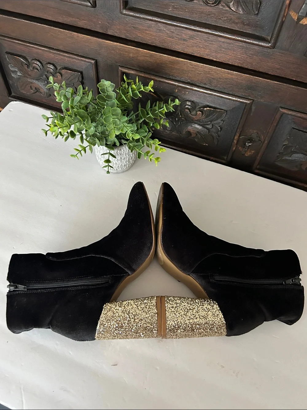 Betsey Johnson Black Velvet Ankle Boots with Gold Glitter Block Heel